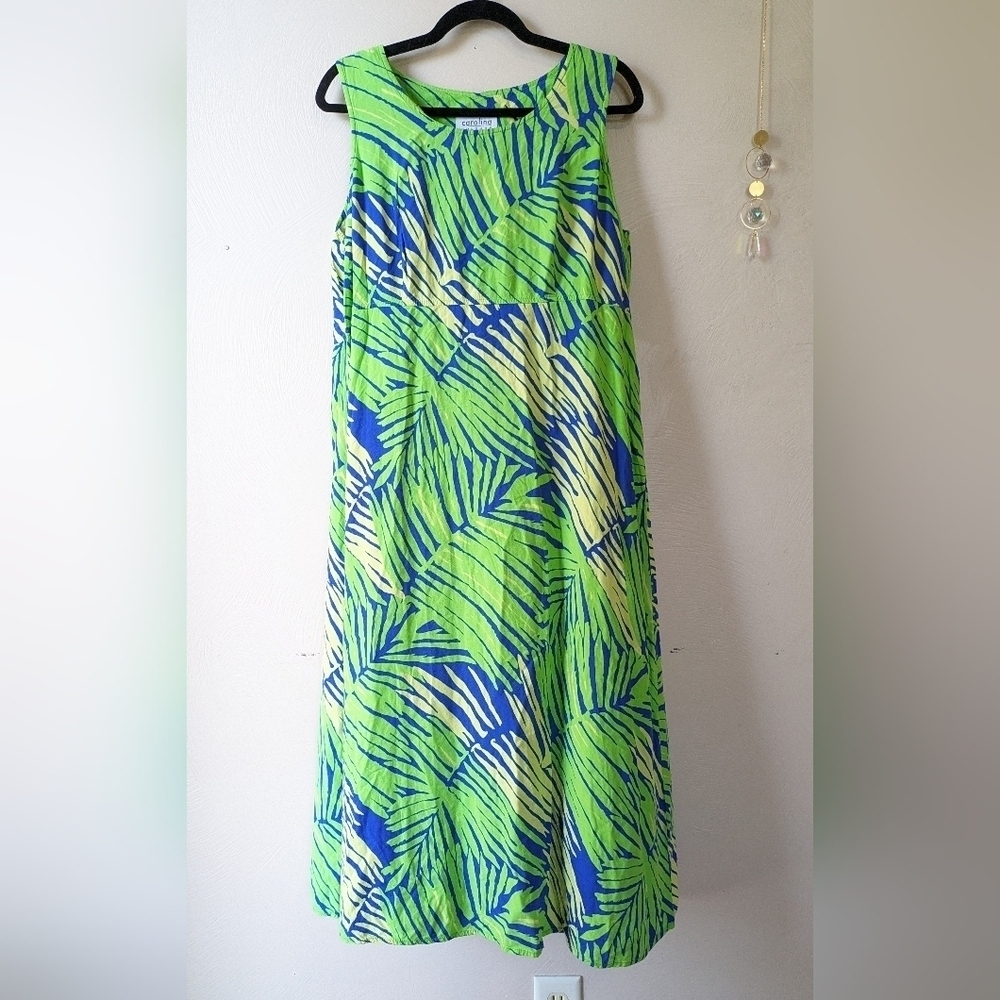 Vintage CAROLINA COLOURS Sleeveless Maxi Dress, Tropical Print, Lace-up, 16W